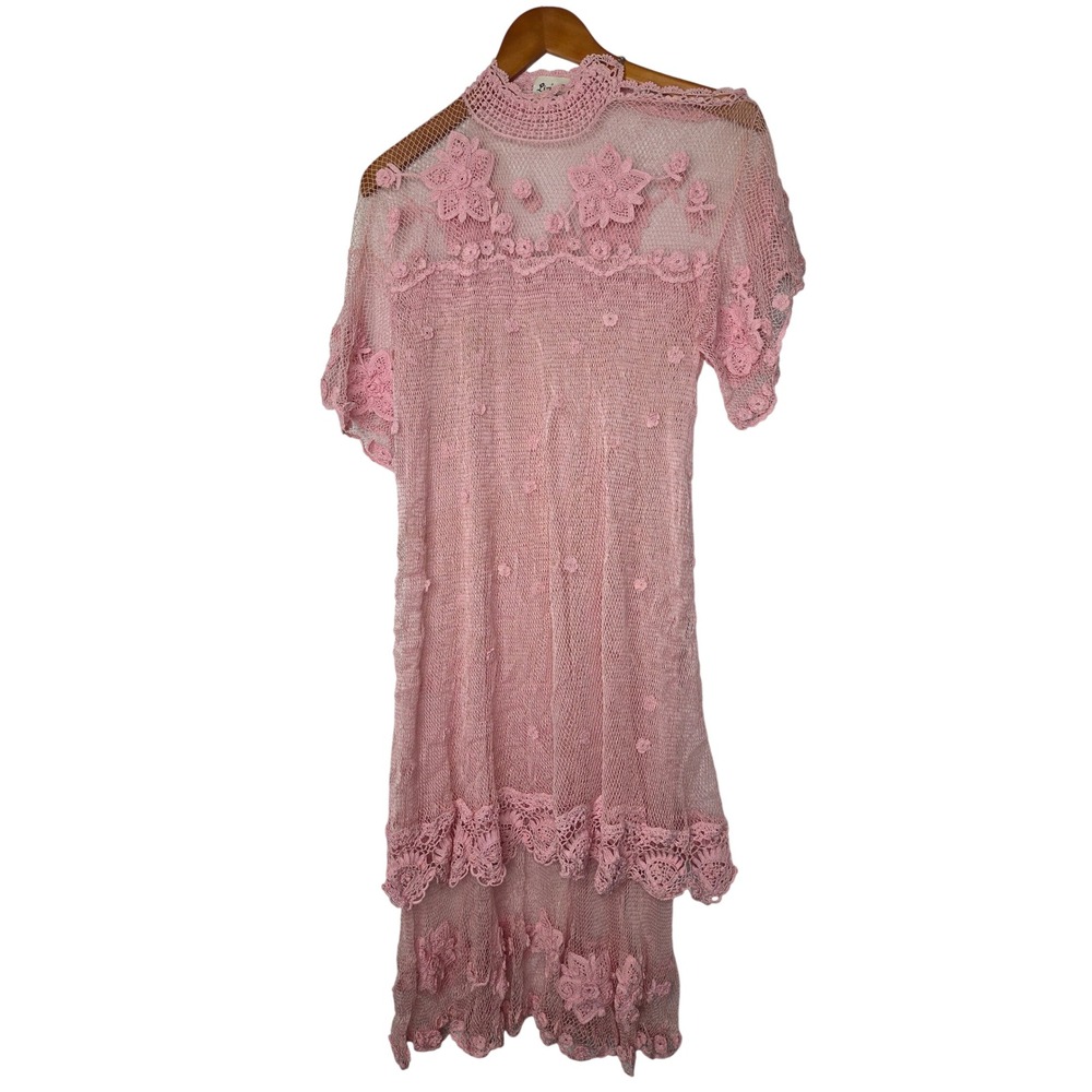 Lim's Pink Crochet Floral Lace Mock Neck Short Sleeve Midi Dress S